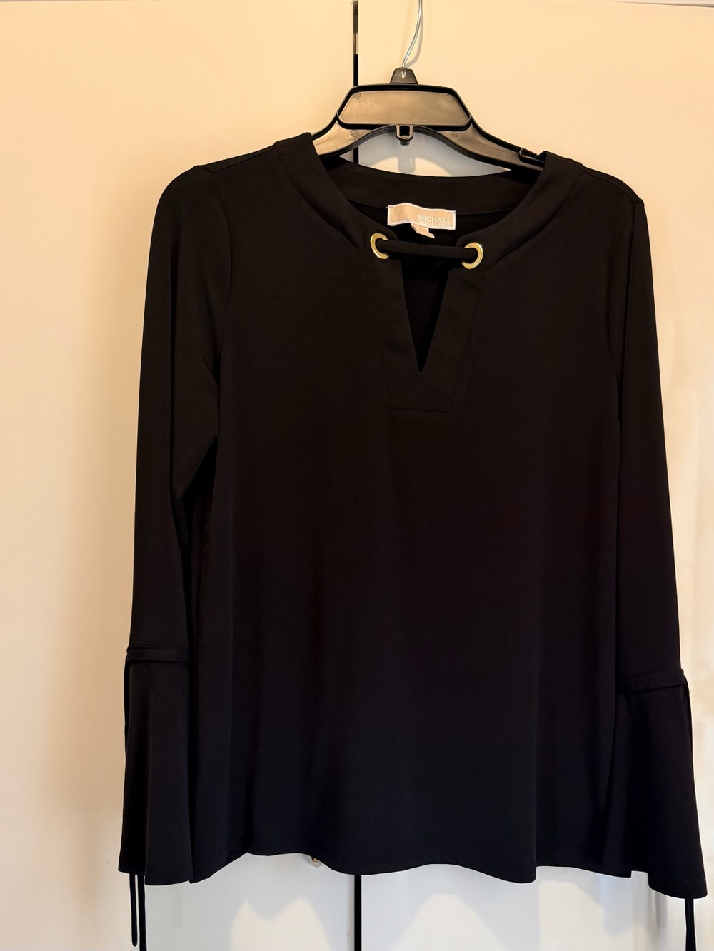 Michael Kors Black Long Sleeve V-Neck Top with Gold Eyelets